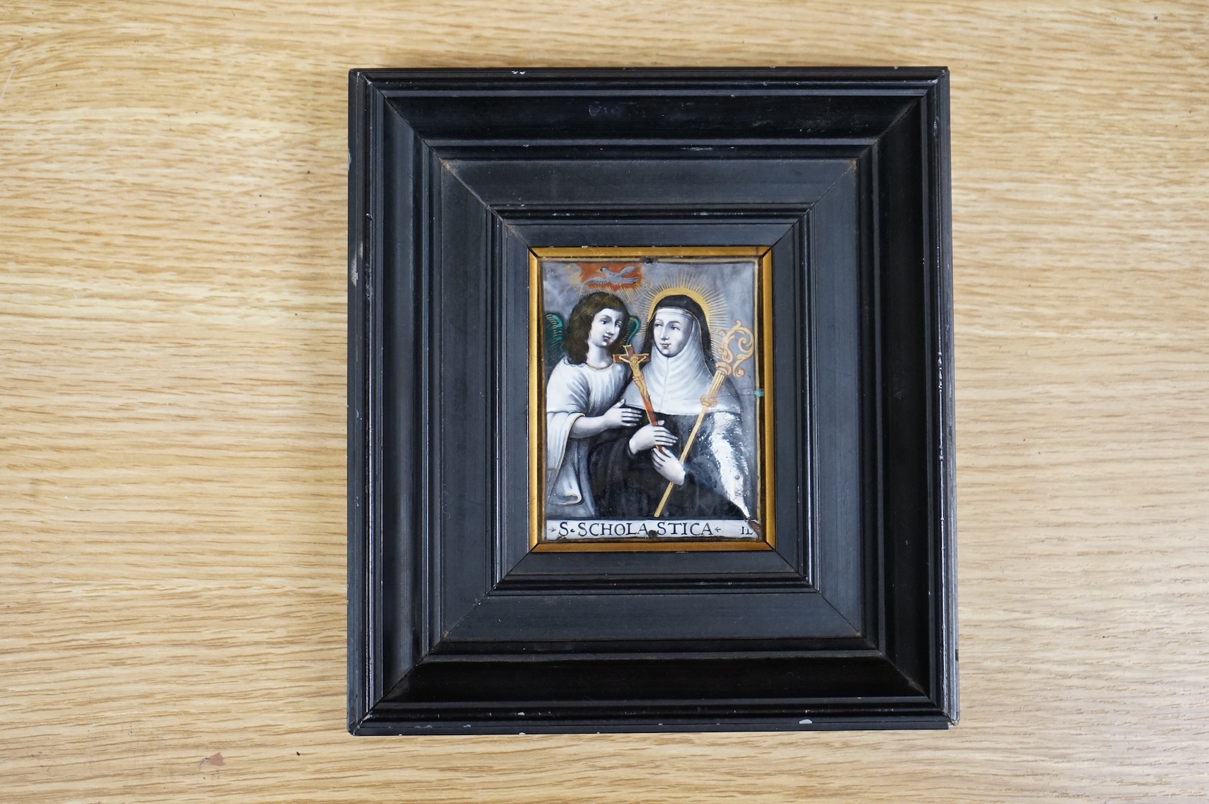A Limoges religious enamel plaque, framed. Plaque 8cm high